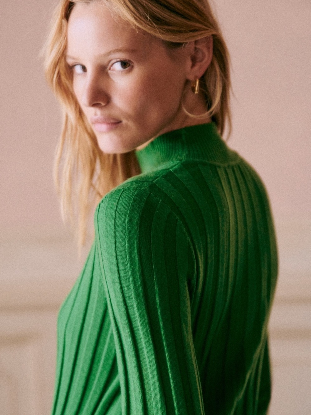 Sézane Gabriella Dress Emerald Ribbed Long-Sleeve Knit Dress - Picture 3 of 9